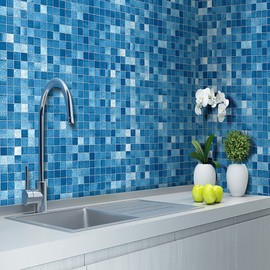 LEECICILE Peel and Stick Wallpaper Bathroom Wallpaper Removable Self Adhesive Contact Paper Blue Mosaic Wallpaper Kitchen Countertop Decorative Paper Vinyl Film Waterproof 17.7In X 118In