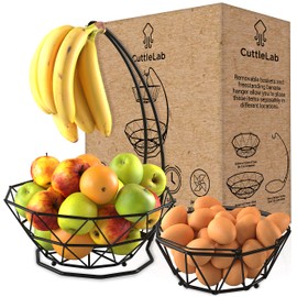 CuttleLab 2 Tier Fruit Basket with Banana Hanger and Fruit Bowl. Fruit Bowl for Kitchen Counter with Banana Holder used as Bread Basket, Vegetable Basket, Produce Basket, Egg Holder