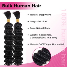 Lashey Human Hair Bulk Deep Wave for Braiding 100% Unprocessed Human Hair Bulk No Weft Hair Extensions For Boho Braids Knotless Braid Natural Black 100g /Pack 2 Bundles 26 Inch