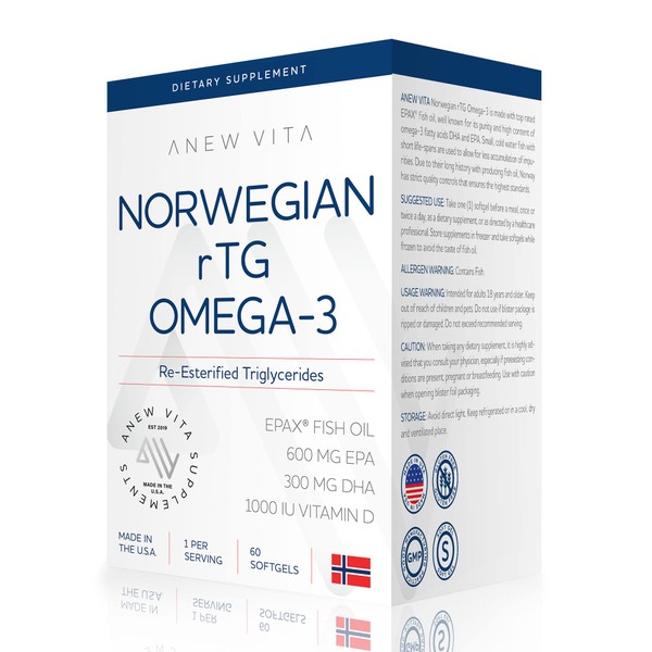 Anew Vita Triple Strength Norwegian rTG Omega 3 Fish Oil: Brain & Heart Boost | Essential Fatty Acids for Eyes, Skin & Joints | Softgels for Men & Women | 1200mg, 60 Servings | Made in USA