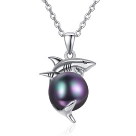 Shark Necklace for Women Sterling Silver Cute Black Pearl Necklace Ocean Hawaiian Beach Peandat Shark Gifts