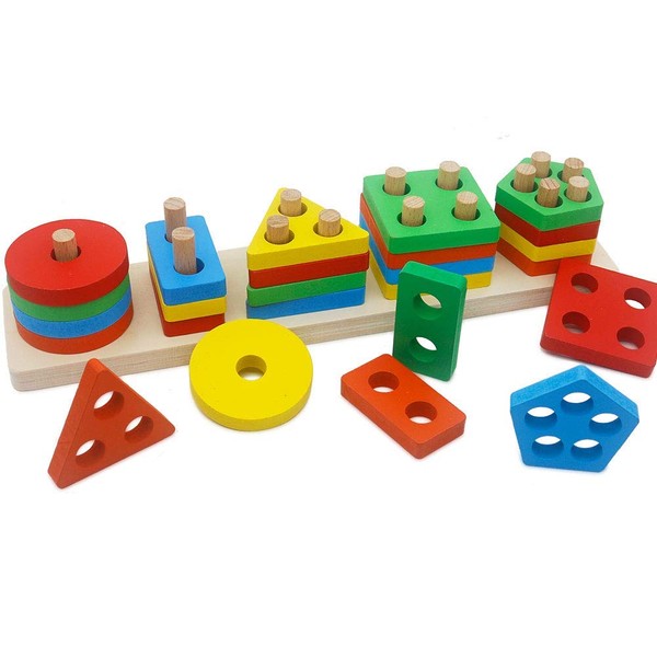 GETIANLAI Wooden Educational Preschool Toddler Toys Shape Color Sorting Block Puzzles for Boys & Girls