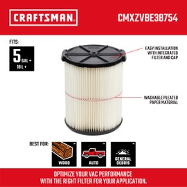CRAFTSMAN CMXZVBE38754 Genuine General Purpose Wet Dry Vac Replacement Vacuum Filter for Most 5 to 20 Gallon CRAFTSMAN Shop Vacuums, Easy Installation and Traps General Debris