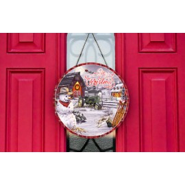 Twisted R Design Merry Christmas Snowman on Farm on 12 inch Round Printed Wood Sign, Door Hanger