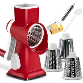 KEOUKE Rotary Cheese Grater with Handle Vegetable Cheese Shredder Slicer Grater for Kitchen 3 Changeable Blades for Cheese Potato Zucchini Nuts Chocolate - RedWhite