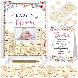 Beeveer 65 Pcs Baby Shower Guest Book Alternatives He or She Gender Reveal Baby Shower Decorations Sign in Guest Book with Picture Frame and 60 Wooden Chip for Baby Shower (Multicolor,Wildflower)