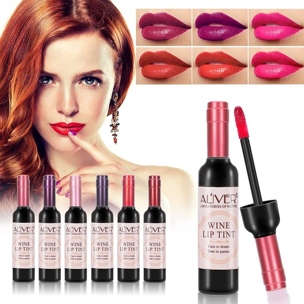 6 Colours Wine Lip Tint, Waterproof Lip Gloss Set, Durable Non-Stick Cup Lipstick, Mini Wine Bottles Matte Lip Gloss for Dating, Party, Office, Gift for Women