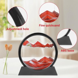 Moving Sand Art, 3D Liquid Motion Deep Sea Sandscape Color Quicksand Decor, Round Glass Flowing Circle Sand Art Sandscapes Picture, Relaxing Desktop Home Office Work Decor, 12 inch Red