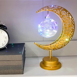 Besoamo Table Lamp Ramadan Decorations, Decorative Desk Lamp Battery Powered Crescent Moon Light Decor, Patterned Hollow Out Colorful Boho Lamp Christmas Ramadan DeskLamp Decorations for Home Bedroom