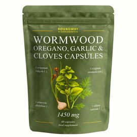 Wormwood Oregano Garlic and Clove Capsules | High Strength Supplement for Humans | 2 Months Supply | 60 Capsules, 1450mg per Serving | Black Walnut Free Vegan Supplement and UK Made