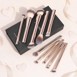 MAANGE 10 Piezas Set de Brochas para Maquillaje con Estuche de Regalo, Brochas de Maquillaje Profesionales de Mango Corto de Aluminio para Base, Polvo, Corrector y Sombras de Ojos, Kit de Maquillaje Portátil (Dorado)