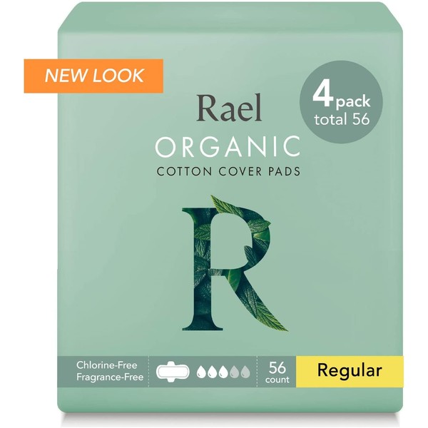 Rael 100% Organic Cotton Menstrual Regular Pads, Ultra Thin Natural Sanitary Napkins with Wings (56 Total), Pack of 4
