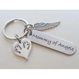 Mommy of Angels Keychain with Twins Feet Heart Charm & Wing Charm, Twin Babies Memorial Keychain