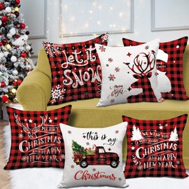 AMLOOPH Christmas Cushion Covers 40x40cm, Set Of 6 Christmas Decorations Indoor Red Black Strip Tartan Sofa Cushion Covers, Soft Plush Christmas Decor Throws Pillow Covers Cases For Xmas Decorations