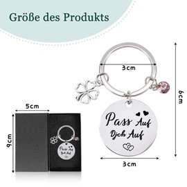 Key Fob Lucky Charm, Pass Auf Dich Auf Schlüsselanhänger Round Lanyard with Lucky Charm Pendant, Car Key Fob, Suitable for All Occasions, silver