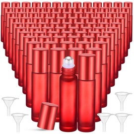 Sumind 150 Pcs Frosted Glass Roller Bottles Essential Oil 10 ml Empty Roll on Bottles with Stainless Steel Balls Leak Proof with 5 Funnel for Travel Essential Oil Perfume(Frosted Red)