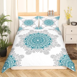Erosebridal Hippie Mandala Bed Set for Girls Boys Bohemian Floral Duvet Cover, Boho Paisley Bedding Set Queen Indian Medallion Comforter Cover, Chic Aesthetic Bed Cover White Teal Room Decoration