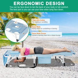 LILYPELLE Folding Chaise Lounge Chair with Mattress, 5 Position Beach Chair with Face Hole, Patio Chaise Lounge Chairs for Outside, Sunbathing, Camping, Pool, Beach, Poolside