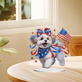 JJFox DIY Tabletop Diamond Art Painting Kit，Double Sided Desktop Ornament Special Shaped Rhinestone Desk Placement Ornament，Home Stand Up 5D Gem Painting Craft Kit，Gift (American Puppy)