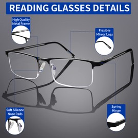 Bxgxlelin Mens Reading Glasses 1.0 Blue Light Readers,3 Pack Lightweight Metal Mens Half Frame Reading Glasses,Anti Eyestrain/Dryness/Computer Glare/UV,Spring Hinge Mens Eyeglasses Readers