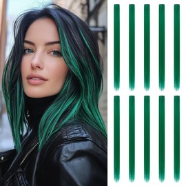 20 Inch Colored Hair Extensions, Party Highlights Straight Colorful Clip In Hair Extensions, Synthetic Rainbow Hairpieces for Girls Kids Gift(10Pcs Green)