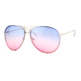 Oversized Round Pilot Sunglasses Metal Rims in Back Gold, Blue Pink Lens