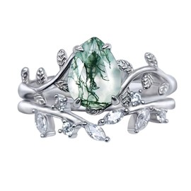 Wasee Natural Moss Agate Ring Set 925 Sterling Silver Green Moss Agate Engagement Ring Leaf Wedding Promise Ring Jewelry Gift for Women,Size 8.5