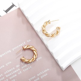 14K Gold Open Hoop Earrings for Women, Chunky Twisted Ropes Post Huggie Hoop Earrings, 25mm, Gold, Rose Gold, Silver, Brass, No Gemstone