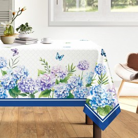 Arquiel Hydrangea Floral Tablecloth Waterproof, Blue Flower Butterfly Table Cloth Rectangle Stain Resistant, Washable Table Cover for Home Kitchen Dining Party Decoration (55×70 Inch)