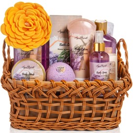 Aqua Elegante- Cestas de spa para mujeres Juego de baño de lujo con kit de spa de miel y lavanda Incluye lavado, baño de burbujas,