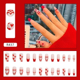 Medium Length Press on Nails, Artificial Acrylic Fake Nails for Women, 24PCS Full Cover Reusable False Nails Kits, Red Love Heart Acrylic Nails Design, Glue on Nails Fake Nails for Nail Art(R437)
