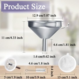 Funnels Stainless Steel Kitchen 13 cm Funnels with Handle, Detachable 200 Mesh Food Strainer and Stainless Steel Filter Strainer, Cleanning Brush for Filter Liquid, Oils, Powder, Juice, Jam