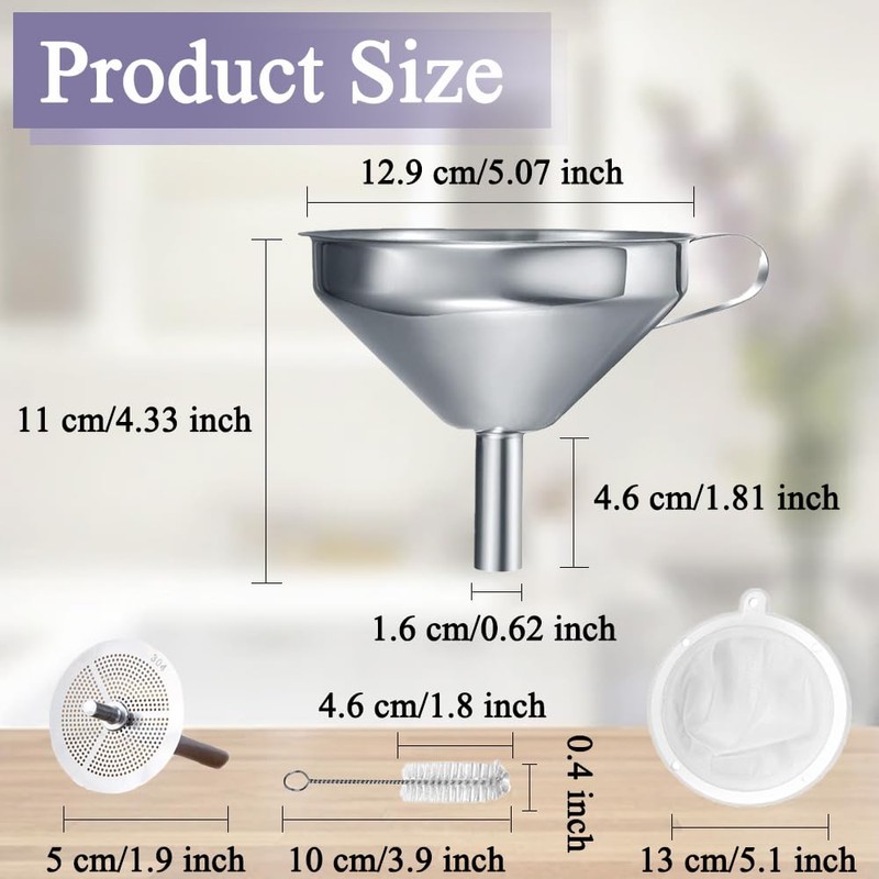 Funnels Stainless Steel Kitchen 13 cm Funnels with Handle, Detachable