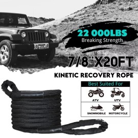 Indusafe 7/8''X20' Kinetic Recovery Tow Rope, 22000lbs Offroad Snatch Strap with Bag