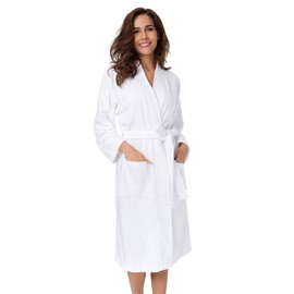 SIORO Womens Terry Cloth Robe Long Kimono Cotton Bathrobe for Spa Shower Hot Tub Hotel, Soft Absorbent Warm Towel bata de baño Sleepwear with Pockets, Pure White Medium