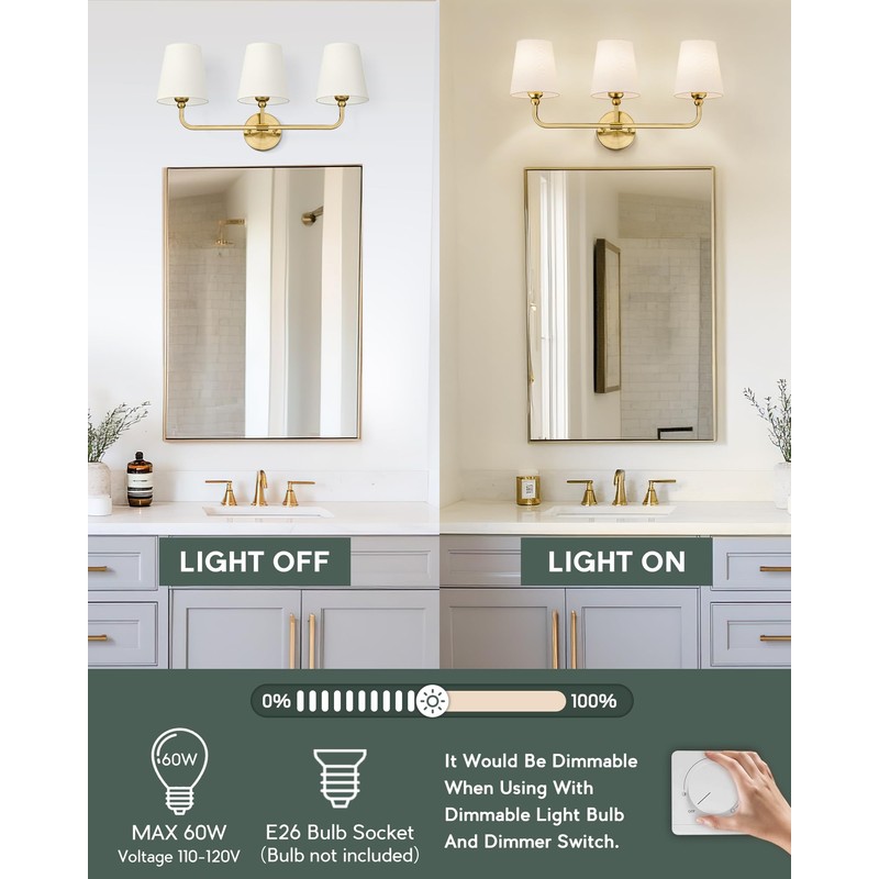 METWET Bathroom Light Fixtures, Brushed Gold Vanity Lights with Beige