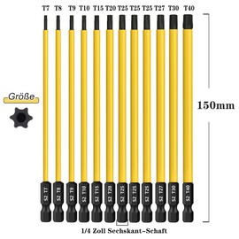 Saipor 12 Pieces 150 mm Torx Screwdriver Bit Set, Magnetic Torx Drill Bit 1/4 Inch Hex Shank Star Head Screwdriver Set S2 Steel Electric Long Bits Set Tools T7-T40