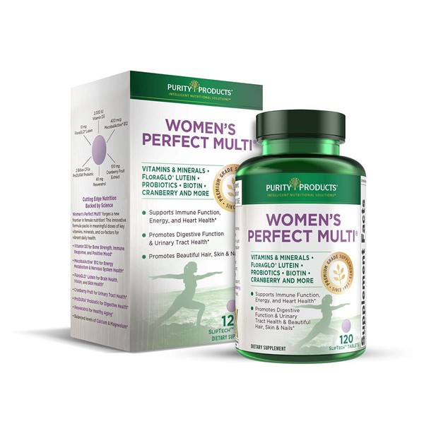 Purity Products Women’s Perfect Multi Balanced Multivitamin - Supports Urinary Tract Health, Immune, Bone + Muscle, Hair, Skin, Nails, an Elite Probiotic for Digestive Health + More - 120 Tablets