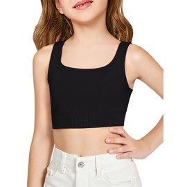 Haloumoning Girls Training Bra Sports Bra Kids Athletic Seamless Ribbed Stretchy Crop Tops Dance Yoga 5-14 Years Black