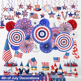 50 PCS 4th of July Patriotic Decorations in 33 Designs Red White Blue Paper Fans Pom Poms Flowers Hanging Swirls with Americans Flag Stars Memorial Day Independence Day Party Decor Favors