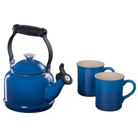 Le Creuset Enamel On Steel Demi Kettle with Metal Finishes & Stoneware Set of 2 Mugs, 1.25 qt. Kettle & (2) 14 oz. Mugs, Marseille