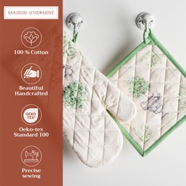 Maison d' Hermine Oven Mitt & Pot Holder 100% Cotton Heat Resistant Combo for BBQ, Cooking, Wedding & Restaurants,Jardin Du Roy Spring/Summer, Oven Mitt (19cm x 33cm) & Pot Holder(20cm x 20cm)