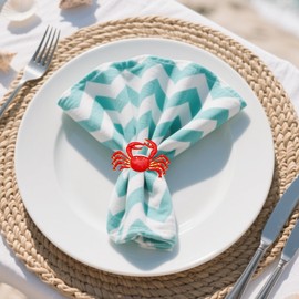 Davifina Coastal Napkin Rings Set of 12 Gold Crab Napkin Rings Bulk,Beach Dining Table Decor,Summer Napkin Ring Ocean Napkin Holders for Cltoh Napkins,Nautical Napkin Ring Holders,Red Ring for Napkins