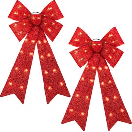 ANVAVO 2 Pieces LED Christmas Bow Christmas Tree Topper Bow Prelit Christmas Bows Decorations with Lights 24"x12" Large Xmas LED Lights Bow Battery Powered Christmas Bows for Wreath Garland, Red