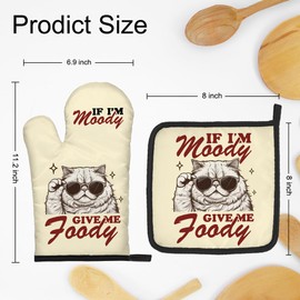 DYJYBMY If I'm Moody Give Me Foody Funny Cat Oven Mitts and Pot Holder Set, Sarcastic Kitchen Gadgets for Women Cat Lover, Hostess Gifts for Mom Wife Aunt Sister, Baking Gifts for Cat Mom Bake Lover