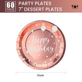 AHPYEUHK 60 Pcs Paper Plates 7 Inch Rose Gold Party Plates Disposable Party Tableware Set Happy Birthday Plates, Party Supplies for Anniversaries Wedding Baby Shower