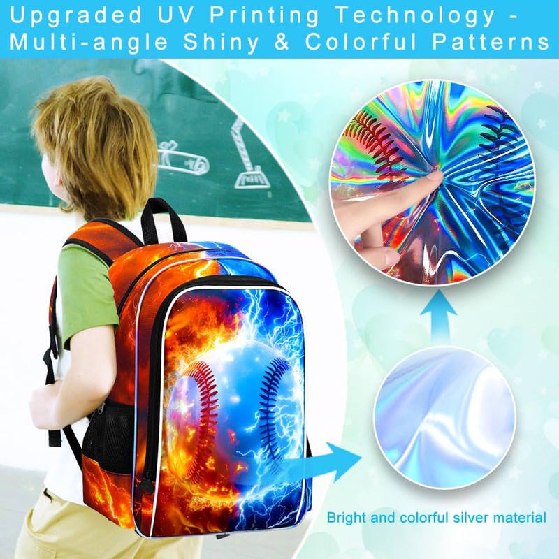 gxtvo 3PCS Boys Baseball Backpack, 17" Kids Bookbag with Lunch