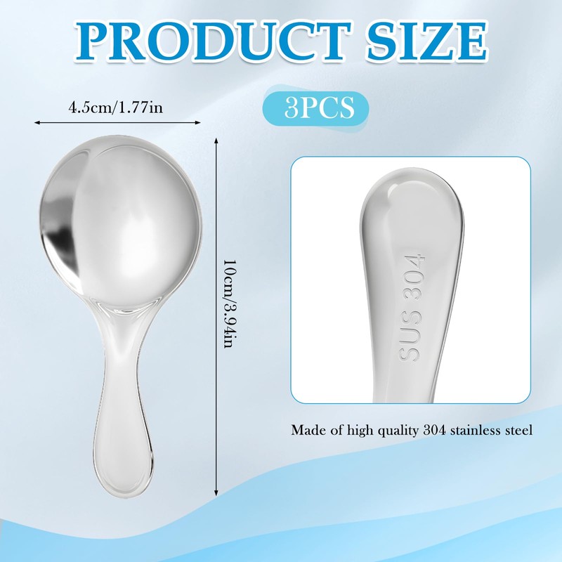3 PCS Short Handle Spoons, Silver Mini Scoops, 304 Stainless