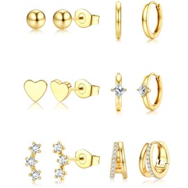 Dochais 6 Pairs Earrings for Women 14K Gold Plated Hypoallergenic Hoops, Huggie Stud Chunky Stacks Earring 316L Surgical Steel Flat Back Earring Set Gold B