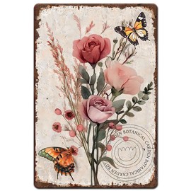 Hobbspring 1pc Vintage Metal Tin Sign 20x30cm Retro Iron Pink Flower Sign Rusty Look Botanical Garden Flower Tin Poster for Home Country Farmhouse Garden Kitchen Wall Decor